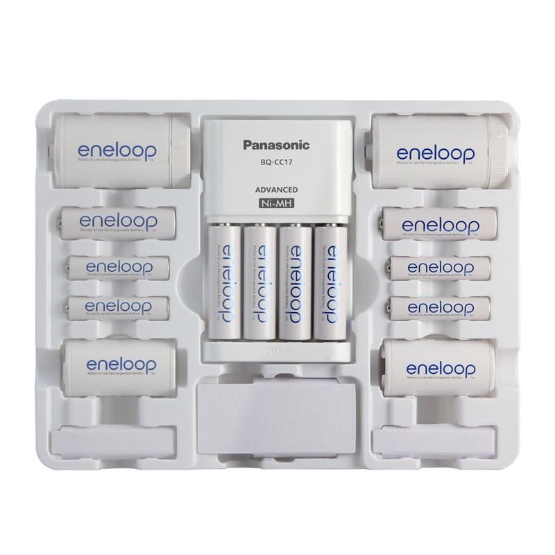 Bộ box sạc nhanh kèm pin Eneloop K-KJ17MCC64W gồm 6 pin AA, 4 pin AAA, 2 adapter AA sang size C, 2 adapter AAsang size D
