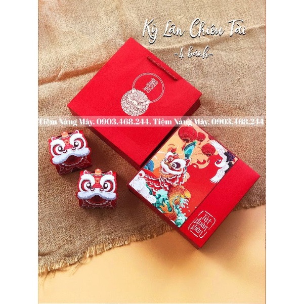 Hộp đựng bánh trung thu Kỳ Lân chiêu tài đỏ 4 bánh - set 10 hộp