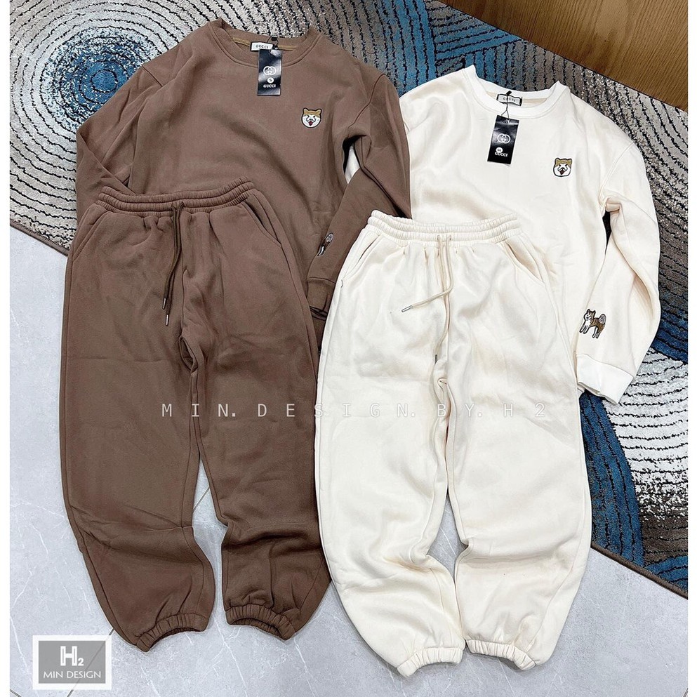 Set Nỉ Bông Form Rộng Tay Bồng Unisex Nam Nữ, Bộ Nỉ Áo Sweater Kèm Quần thêu logo chó Shiba Siêu Bassic