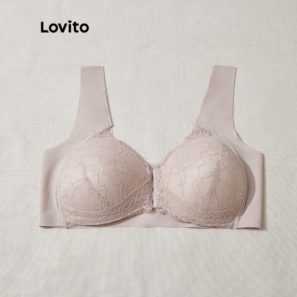 Áo ngực Lovito bigsize curve Plain Front Close Contrast 3/4 Coverage No Pads Lace Bra Casual L31ED031 (Đậu/Màu da/Đen/Xám bạc)