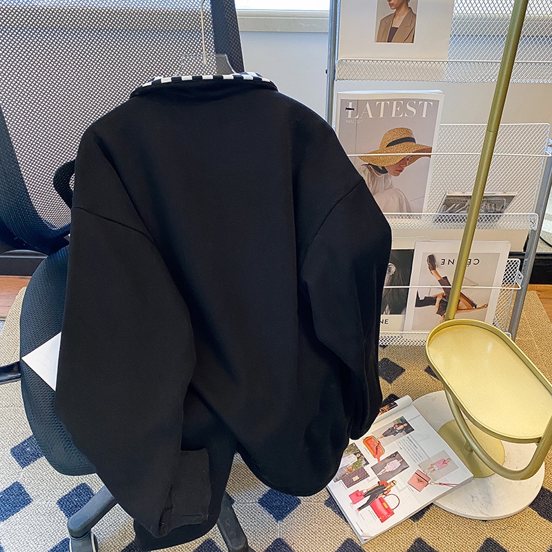 Áo thun polo ZHELIHANGFEI tay dài có dây kéo form rộng phong cách preppy Mỹ thời trang