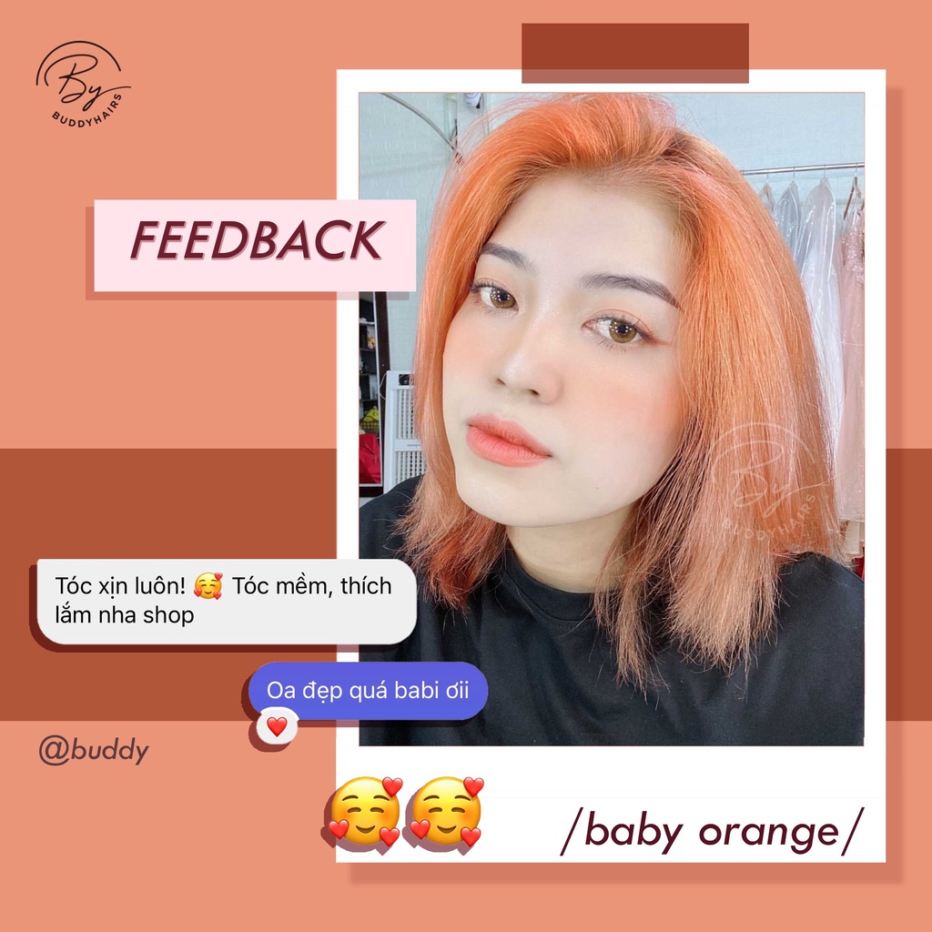 Thuốc nhuộm tóc BABY ORANGE / CAM NHẠT/ CAM PASTEL của Buddyhairs tặng kèm găng tay mũ trùm trợ nhuộm nâng tone 100K