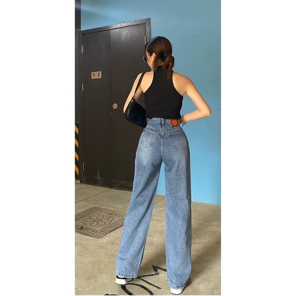 Quần jeans nữ, quần jeans nữ lưng cao ống rộng rách gối cao cấp size S M L SKUQ-22A