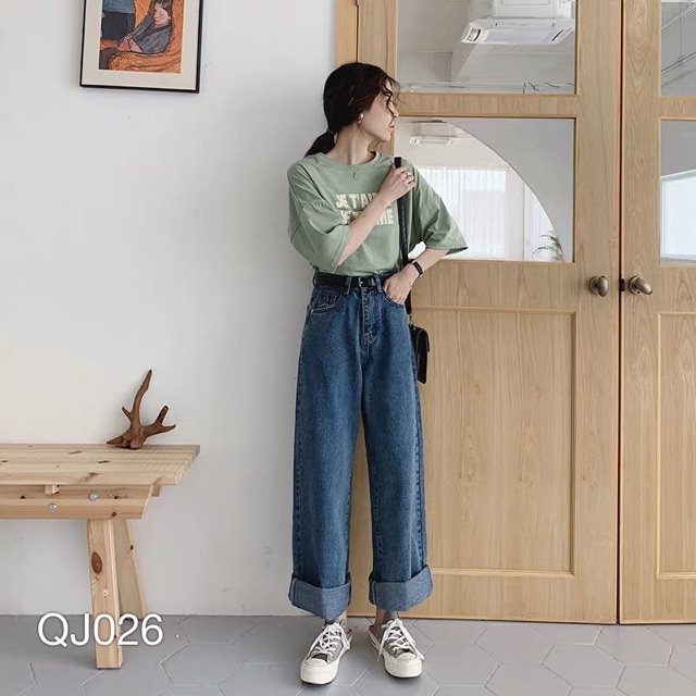 Quần jean nữ ống rộng VN CLO xanh đậm - QJ026