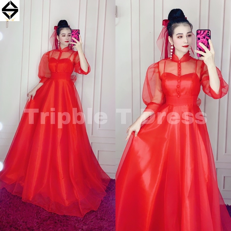 Đầm maxi cổ V nút bọc tay phồng thắt nơ lưng siêu xinh -size M/L -MS102Y