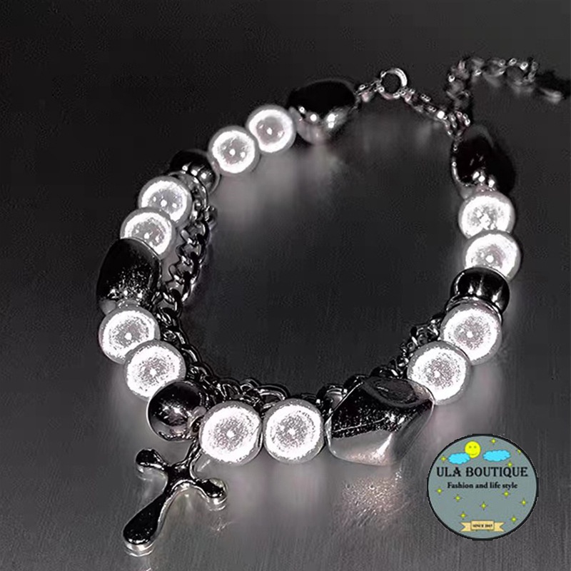Vòng tay Hai lớp Phản Quang Chữ thập Ula shop dạng chuỗi cá tính Unisex VTC6