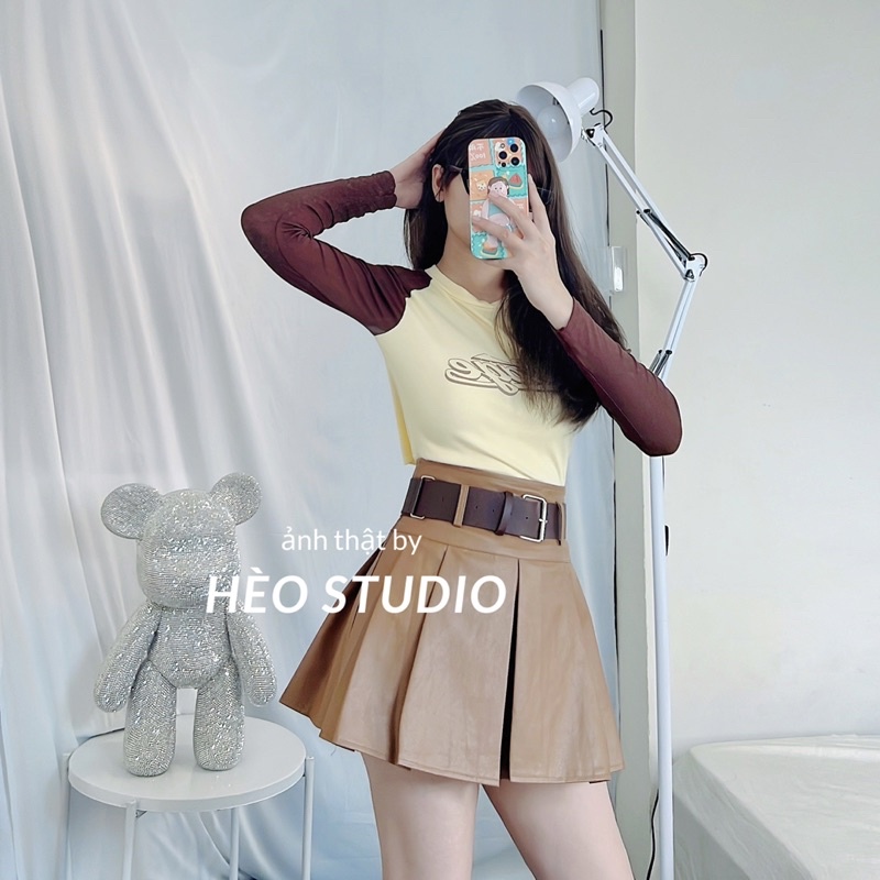 Chân Váy Da Xòe Xếp Li Kèm Belt Hèo Studio (Ảnh Thật + Video)