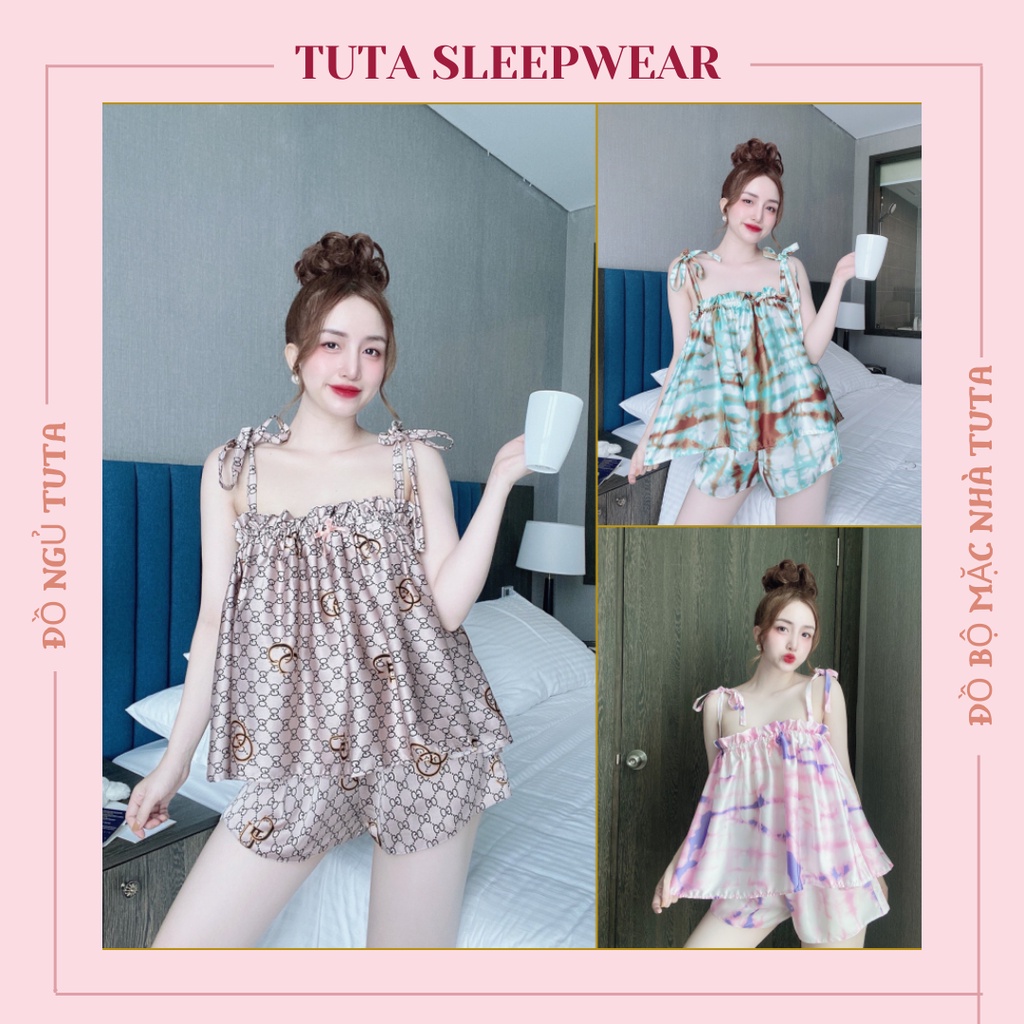 Đồ bộ mặc nhà quần đùi dễ thương đồ ngủ nữ sexy 2 dây lụa satin mềm mại
