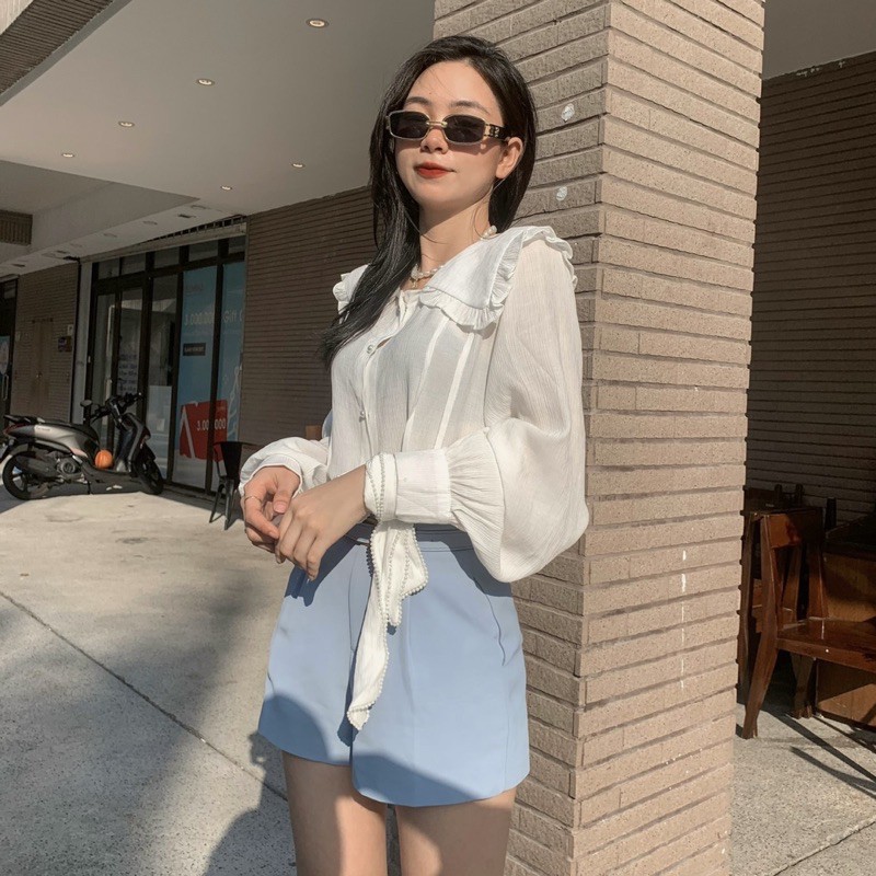 [100% GIỐNG ẢNH] Áo sơ mi cổ bánh bèo phối với quần short đơn giản thanh lịch theo phong cách Hàn Quốc | BigBuy360 - bigbuy360.vn