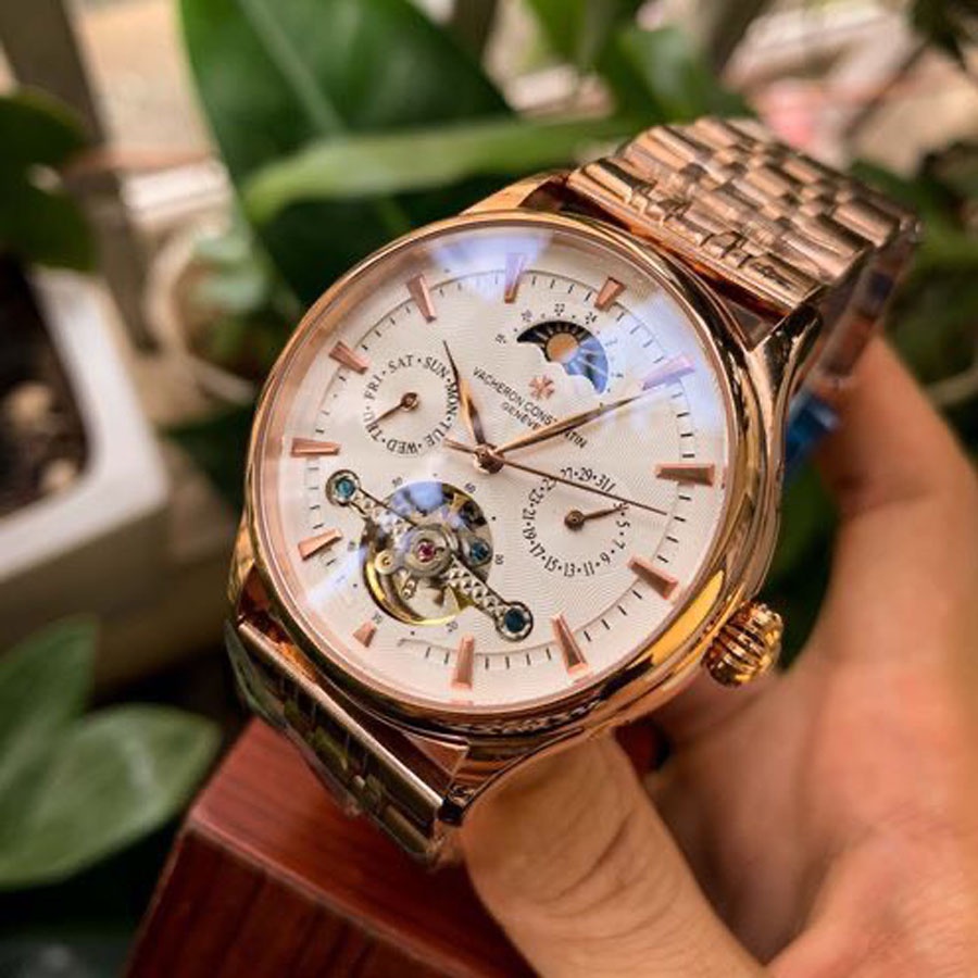 Đồng hồ Nam Vacheron máy nhật, mẫu 5kim lộ cơ thanh ngang, mặt trắng viền vàng , dòng cơ Automatic size 40mm-41mm