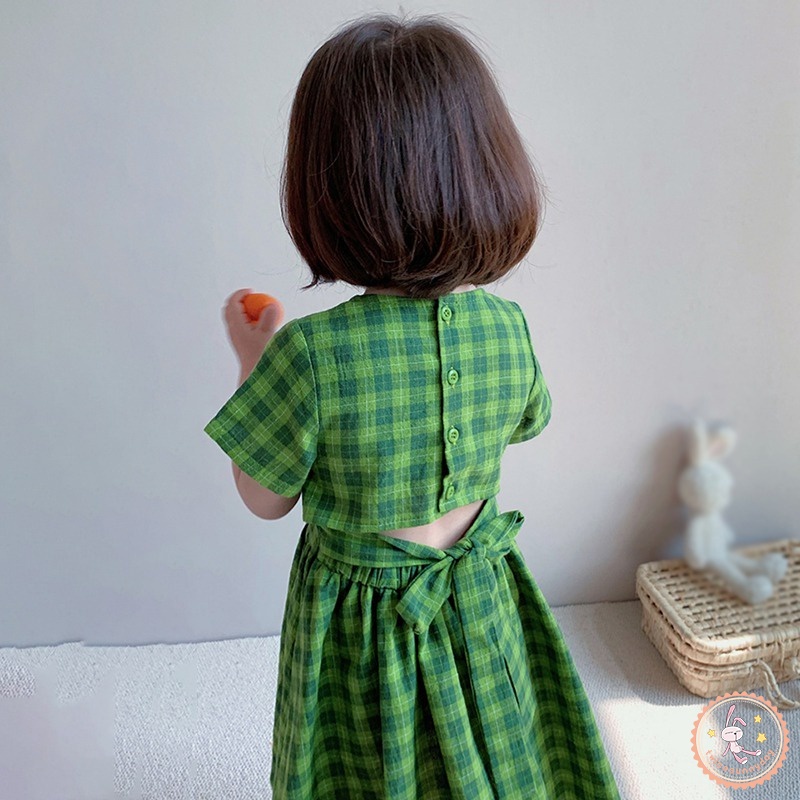 Đầm Công Chúa Mùa Hè Dáng Chữ A Tay Ngắn Họa Tiết Kẻ Sọc Caro Ngọt Ngào Phong Cách Hàn Quốc Cho Bé Gái