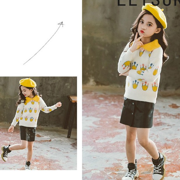 Áo len có cổ bé gái lớn họa tiết vương miện size 16-50kg (HÀNG QCCC) [AL18]