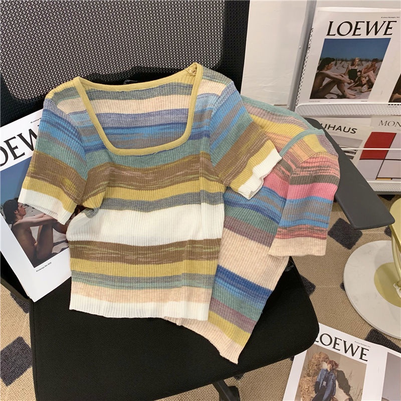 Áo Kiểu Cổ Vuông Tay Ngắn Họa Tiết Kẻ Sọc Màu Sắc Tương Phản Phong Cách Hàn Quốc Thời Trang