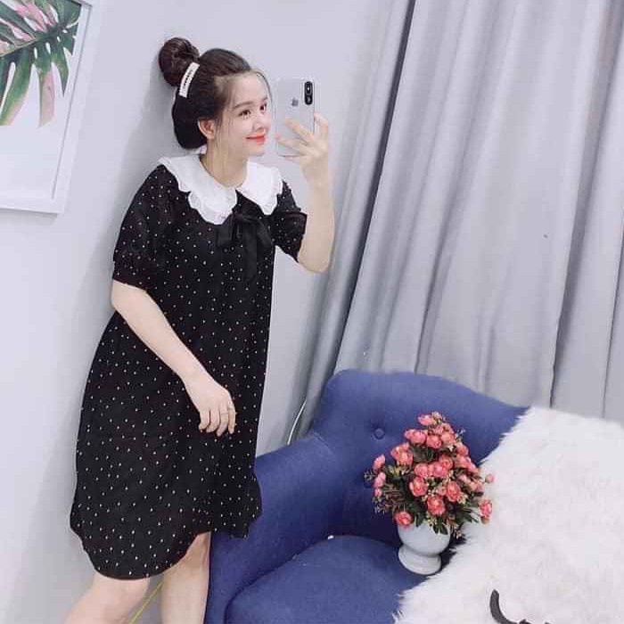 Đầm bầu ngắn tay chấm bi cổ bèo trắng M033 chất chéo thái thời trang thiết kế freesize