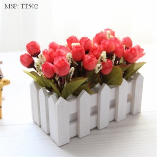 Chậu hàng rào gỗ cắm hoa giả dài 16cm - Hàng rào gỗ trang trí không gồm hoa