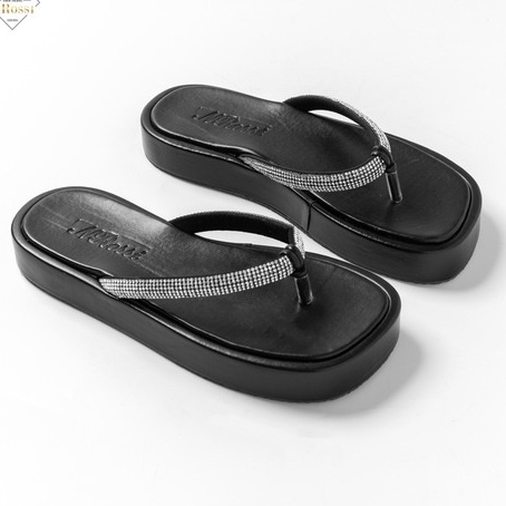 Dép Kẹp Nữ đính đá Nrossi đế bánh mì siêu nhẹ màu đen size nhỏ 32 33 34 35