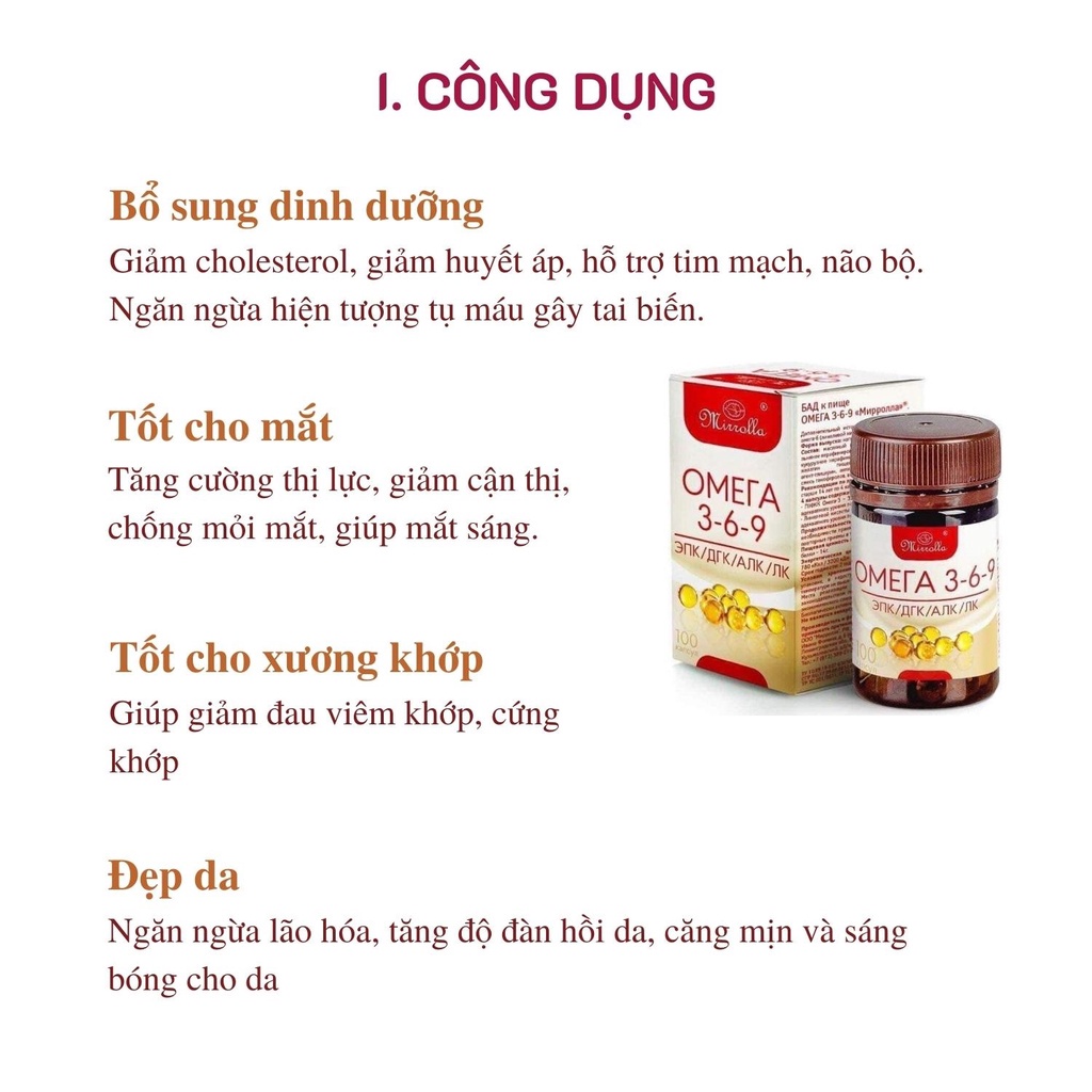 Viên uống Omega 369 Mirrolla Nga 100 viên, Omega tốt cho sức khỏe, trắng da, đẹp da - Sản phẩm chính hãng OM01