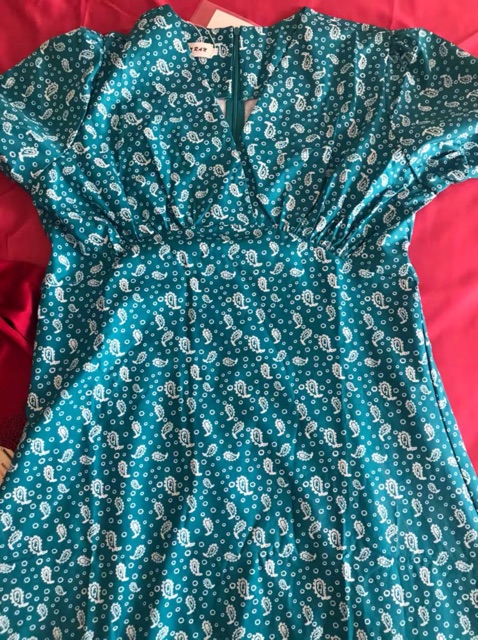 Váy moran hoa nhí xanh dáng dài ngắn tay