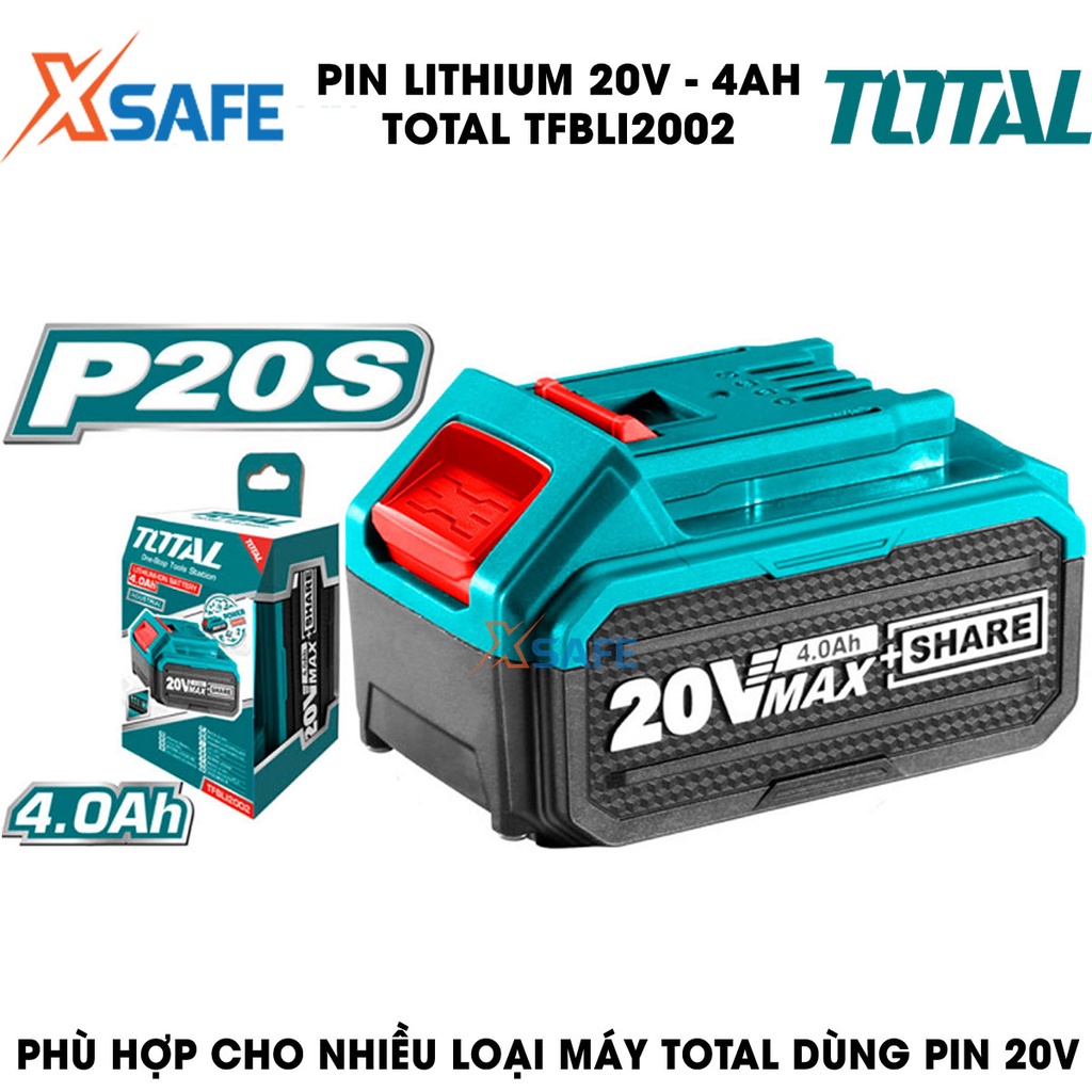 Pin Lithium 20V/4.0Ah TOTAL TFBLI2002 Pin lithium 20V dùng cho nhiều loại máy Total dùng pin 20V, có đèn LED báo pin