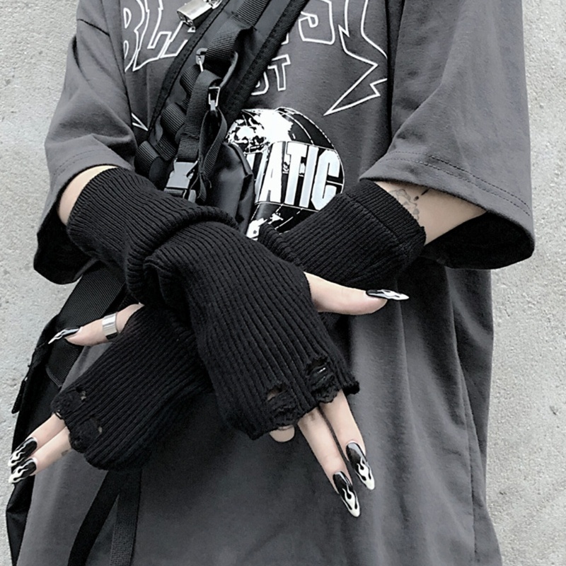 Găng Tay Len Hở Ngón Màu Đen Phong Cách Gothic Punk Cho Nữ