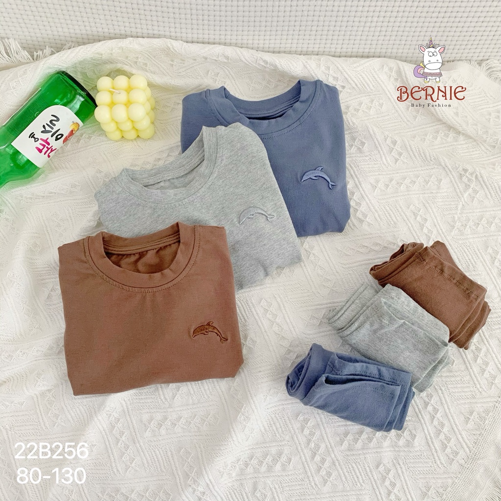 Bộ cotton unisex dài tay cho bé, bộ thun tay dài trơn thêu hoạ tiết cá màu Bernie