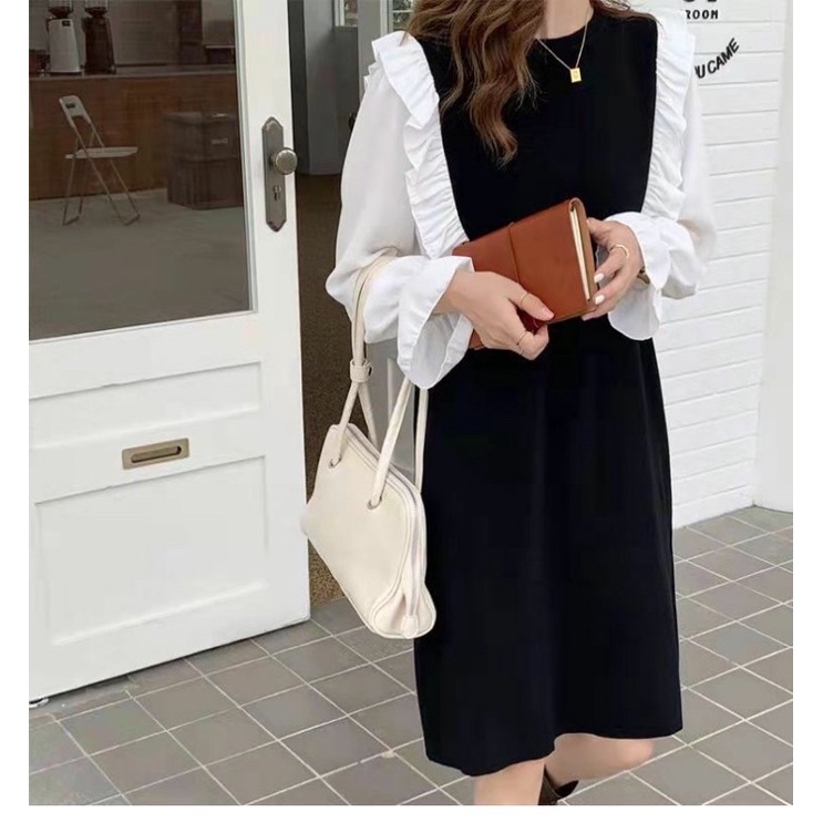 Váy len suông MEI YING OFFICIAL, váy len dài nữ Thu Đông form rộng cổ tròn phối tay thiết kế basic Hàn Quốc