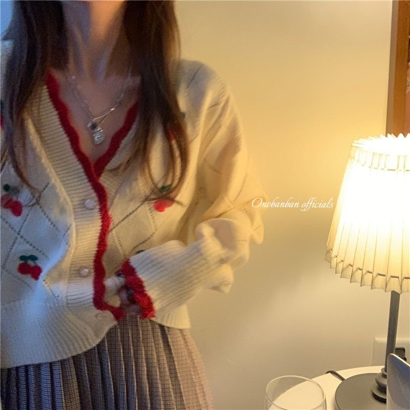 Áo khoác cardigan dệt kim phối ren thêu hình quả anh đào phong cách Hàn Quốc dễ thương