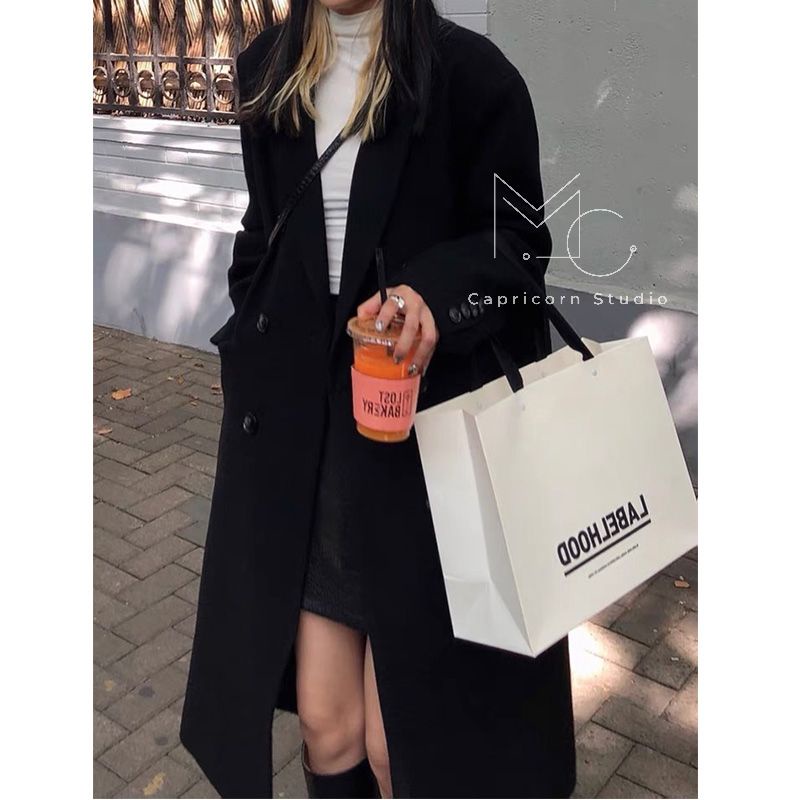 Áo khoác dạ đen dáng dài cao cấp hai hàng cúc dễ dàng phối đồ