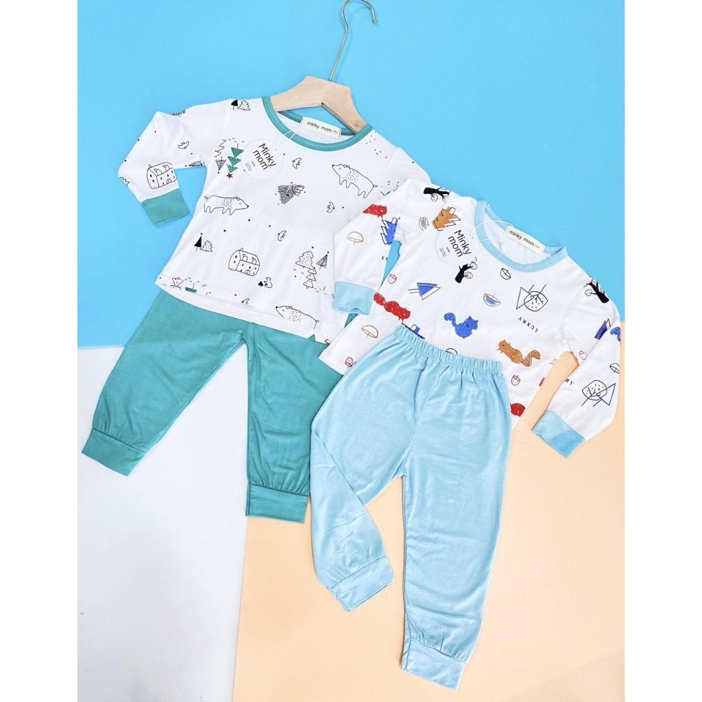 Bộ Dài Tay Minky Mom Họa Tiết Động Vật Nền Trắng Dễ Thương Cho Bé (6-19kg)