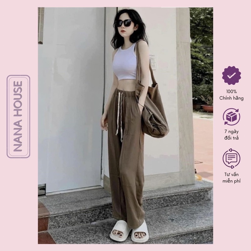Quần ống rộng nữ lưng cao cạp thun chun dây rút dáng dài thể thao