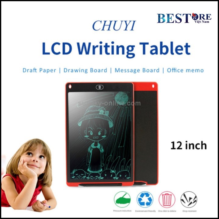 Bảng vẽ điện tử tự xóa thông minh cho bé màn hình LCD loại to 12 inch mực viết đa màu