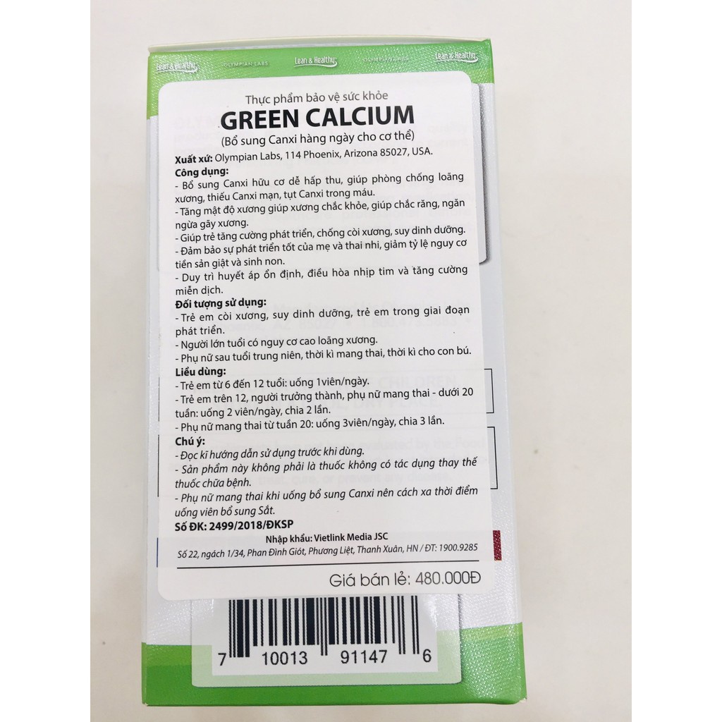 CANXI HỮU CƠ KHÔNG TÁO BÓN GREEN CALCIUM Bổ sung canxi hữu cơ cho bà bầu, trẻ em, người lớn hộp 100 viên
