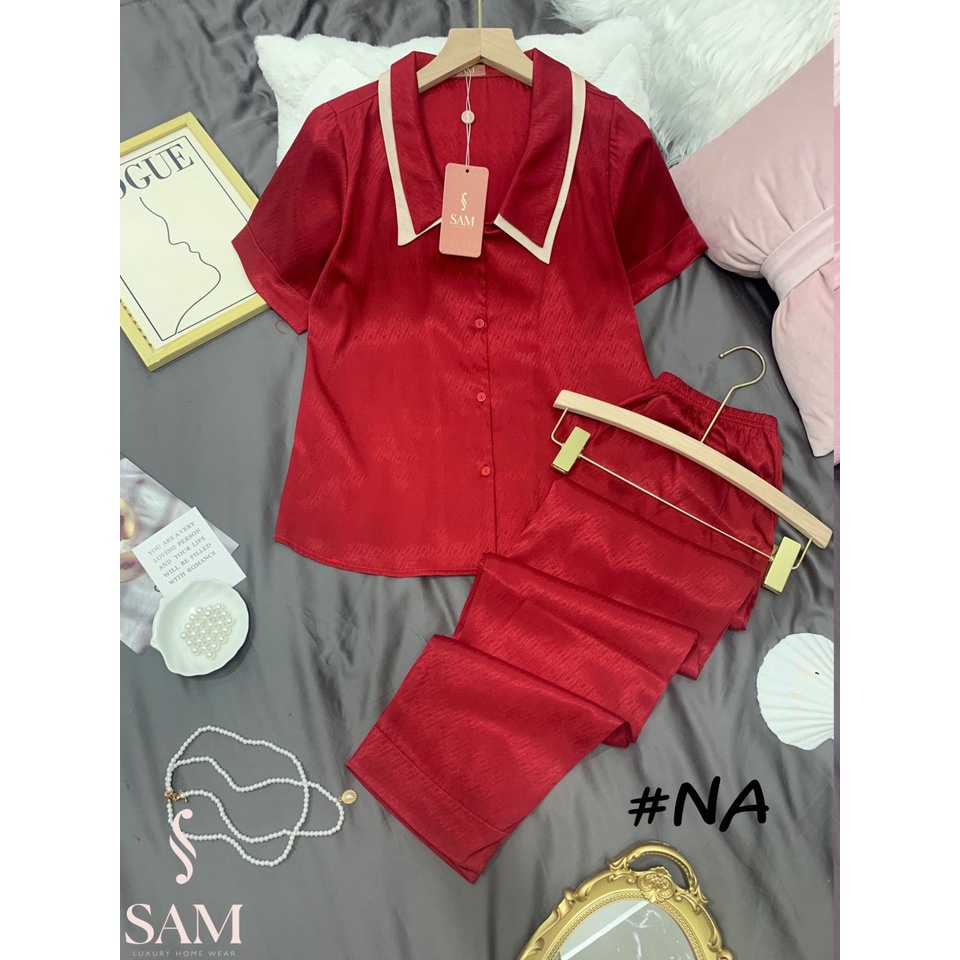 SET đồ lụa mặc ở nhà SAM. Bộ đồ Pijama lụa dáng quần dài áo cộc kiểu trơn đơn giản, cổ sen 2 lớp tiểu thư sang chảnh