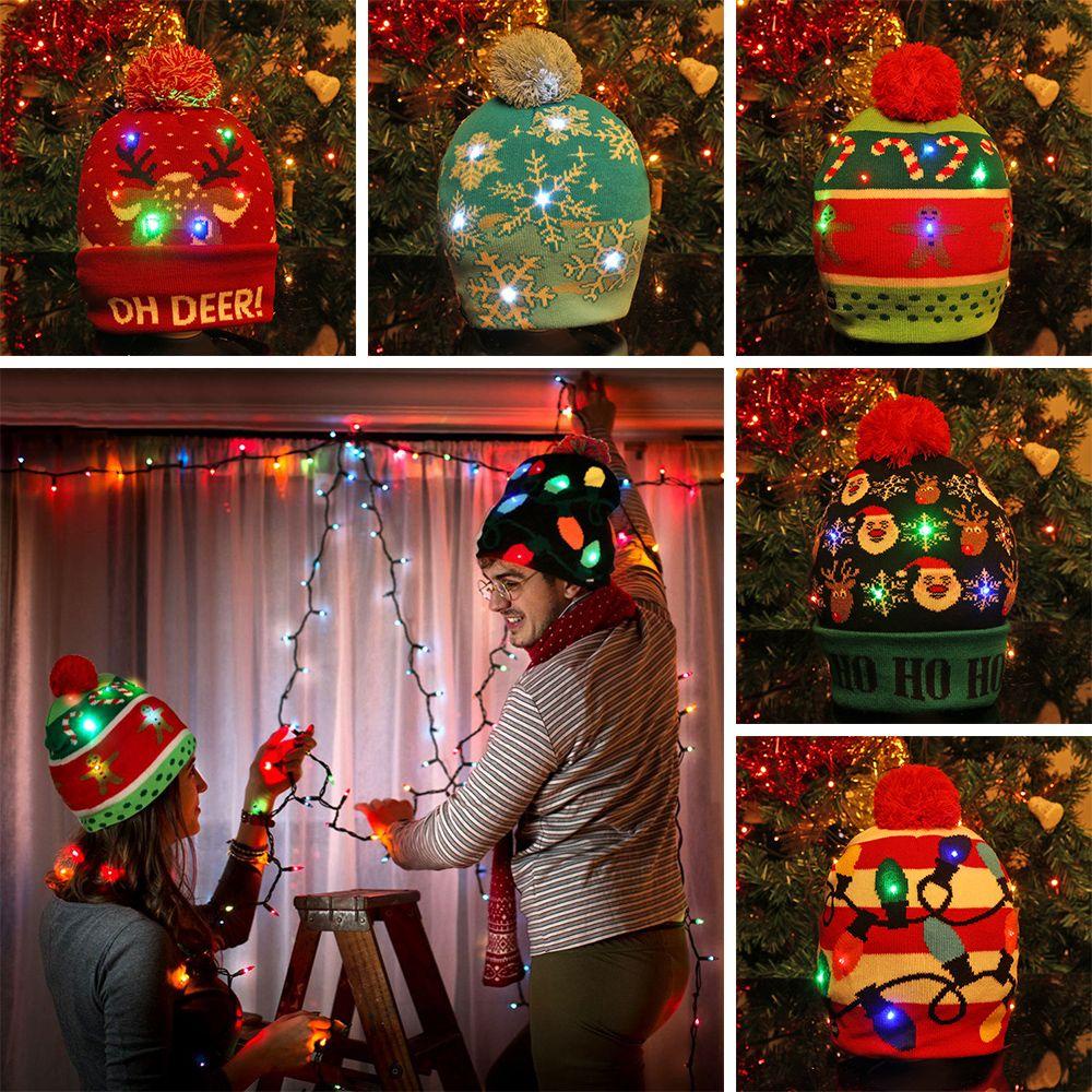 Mũ Len Beanie Có Đèn LED Hoạ Tiết Giáng Sinh