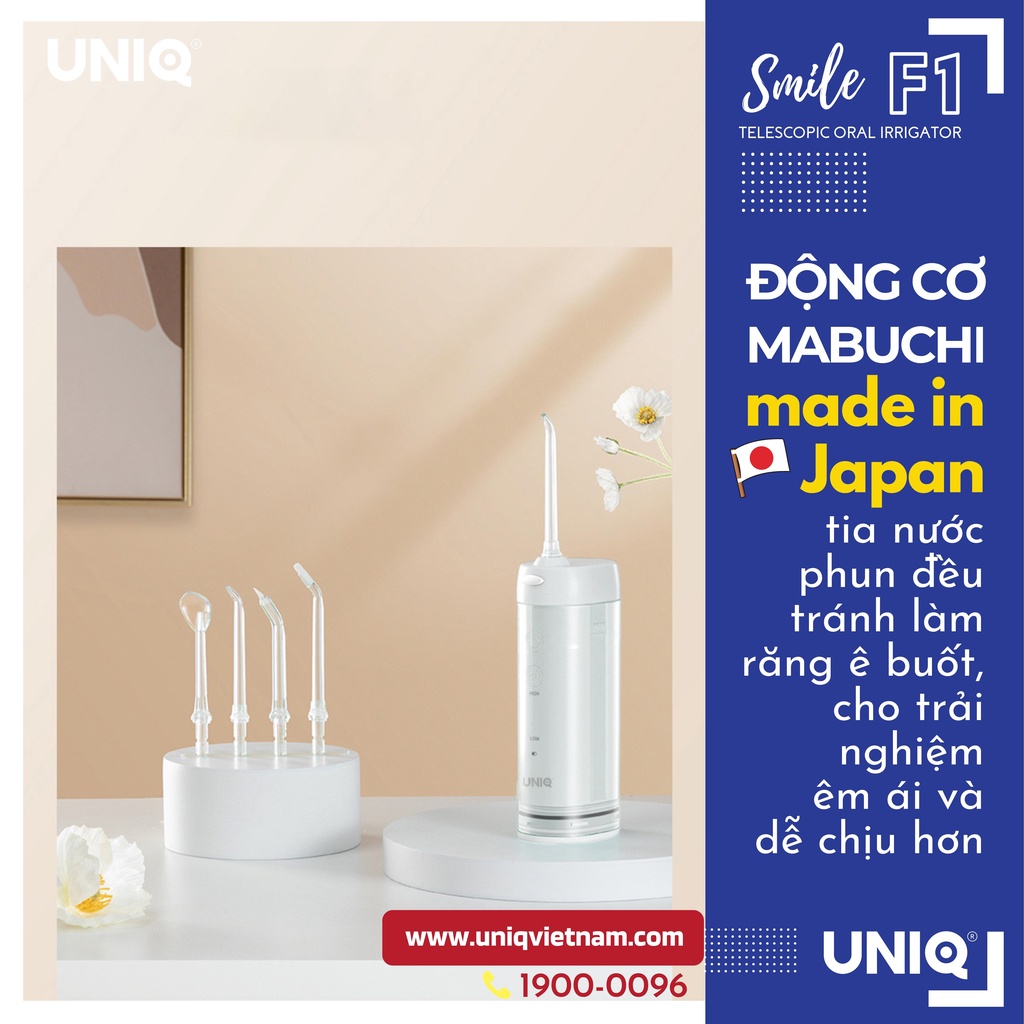 Máy tăm nước cầm tay mini UNIQ Smile F1 tăm nước du lịch động cơ Mabuchi Nhật Bản công nghệ Gravity Ball độc quyền