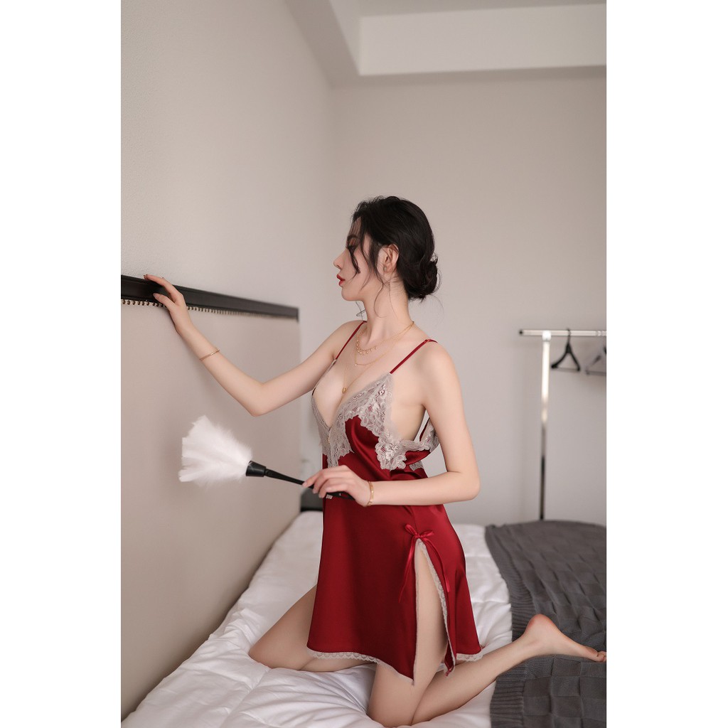 Váy ngủ lụa sexy nữ gợi cảm MINALADY phối ren quyến rũ [CỔ HOA XẺ 2 VẠT]