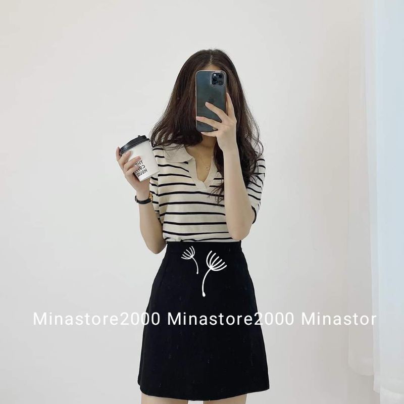 (Sẵn/Ảnh thật) Áo Polo nữ tay ngắn họa tiết kẻ ngang phong cách Hàn Quốc, Áo croptop kẻ ngang