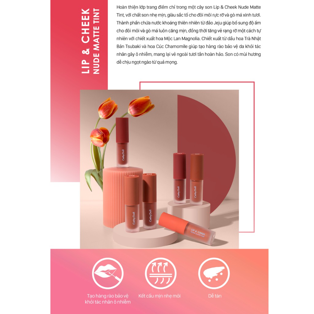 Son kem và má hồng Cathy Doll Lip &amp; Cheek Nude Matte Tint 3.5g