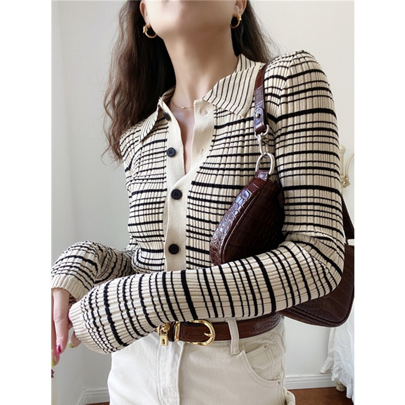SUXI Áo Khoác Cardigan Dệt Kim Tay Dài Cổ POLO Họa Tiết Kẻ Sọc Màu Tương Phản Phong Cách Vintage Cho Nữ