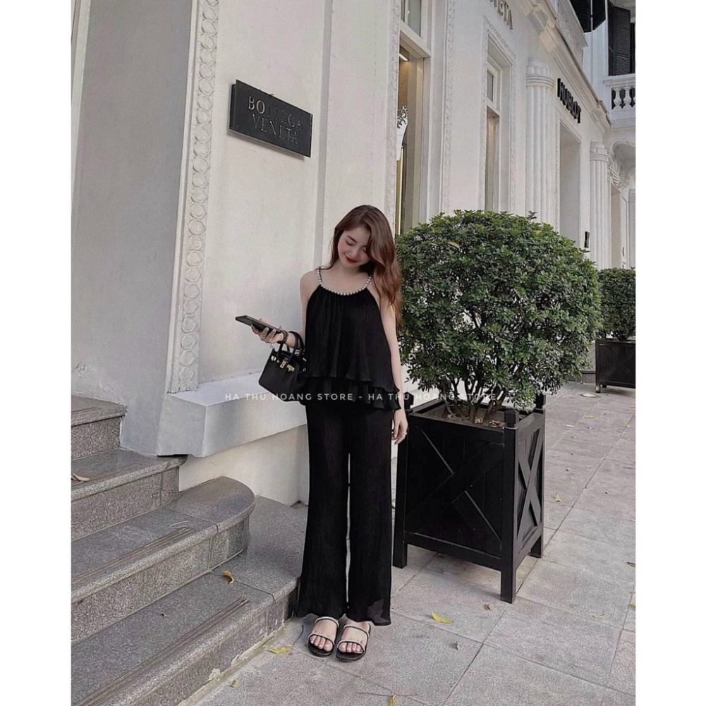 SET đồ nữ áo 2 dây mix quần suông dài vải voan dập ly màu đen viền hạt cực sang S169 - mey1