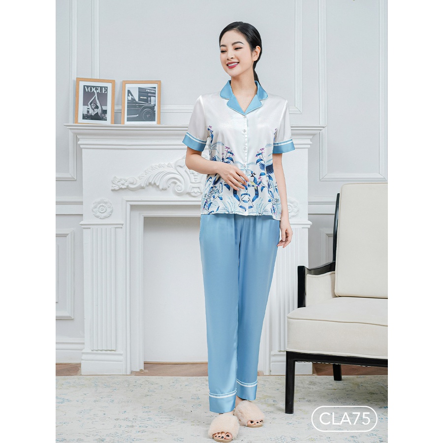 Bộ ngủ satin ZAM Luxury - CLA75 - áo ngắn tay quần dài hoạ tiết