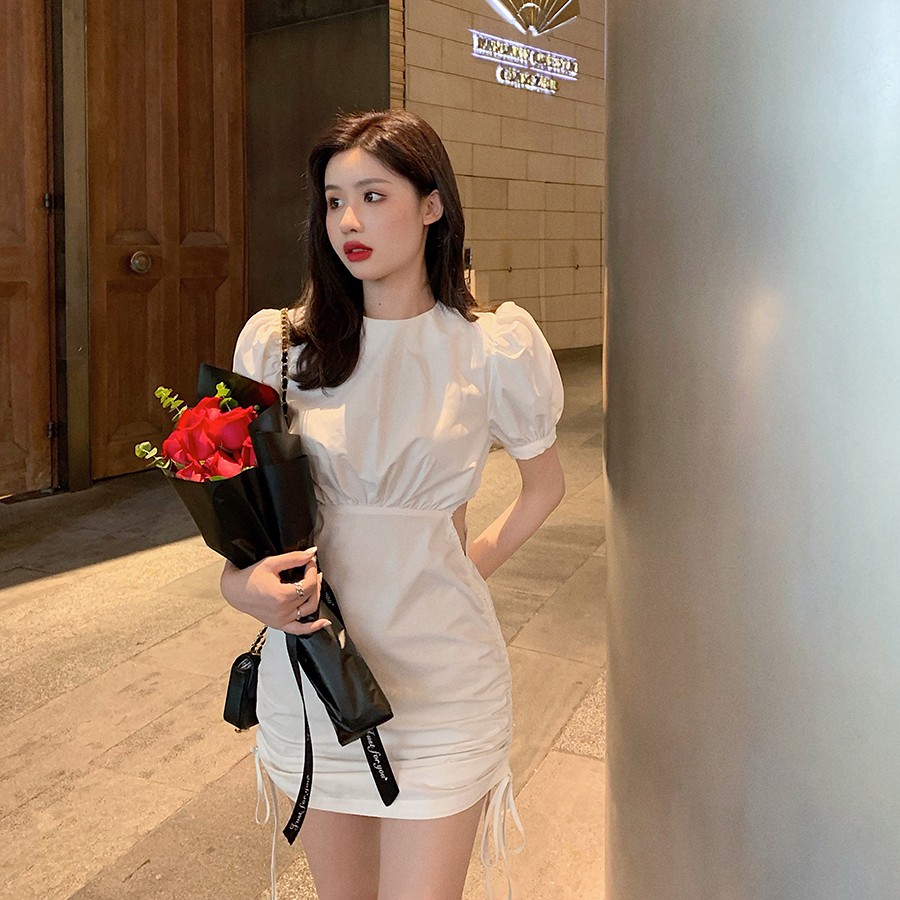 Váy trắng tay phồng cắt eo rút dây tiểu thư sang chảnh Ulzzang Hàn Quốc V127