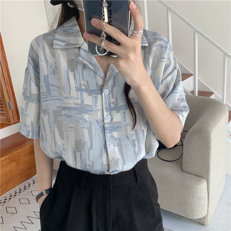 Áo Sơ Mi Chiffon Ngắn Tay In Hoa Thời Trang Hàn Quốc Cho Nữ