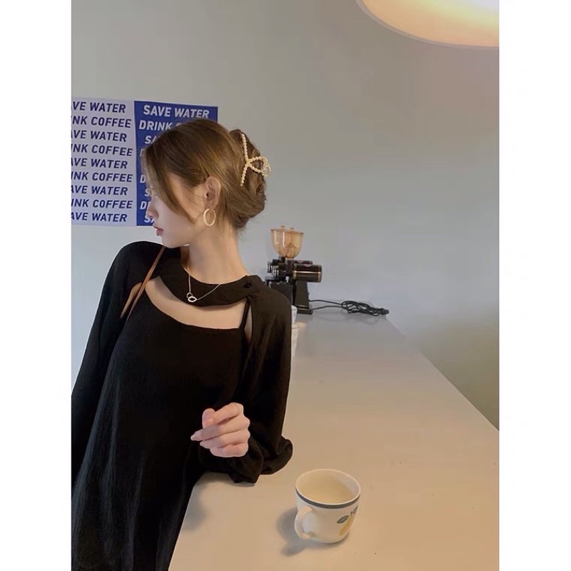 Set váy 2 dây kèm áo khoác thu đông bên ngoài