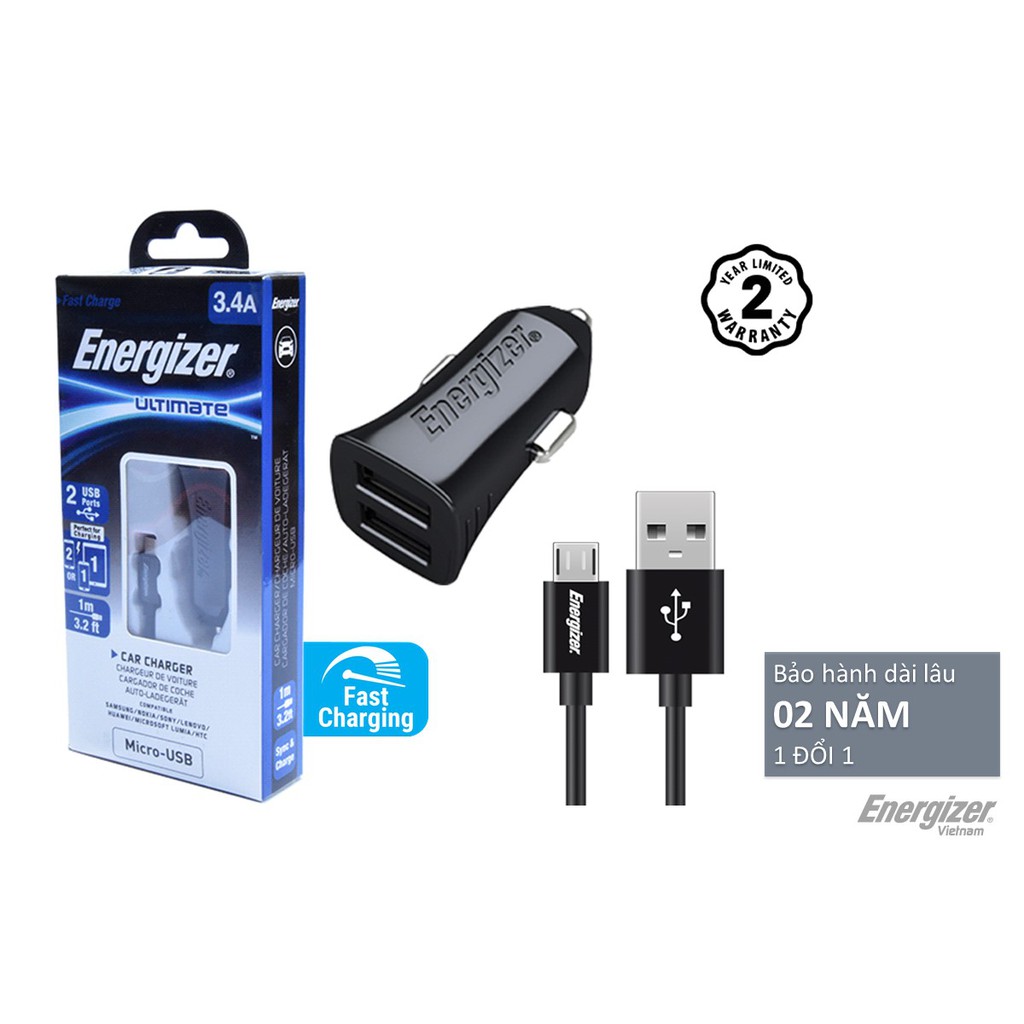 Combo sạc dự phòng Energizer 10,000mAh UE10053 + Sạc Ô Tô Energizer 3.4A 2 Cổng USB Kèm 1 Cáp Micro USB DCA2CUMC3