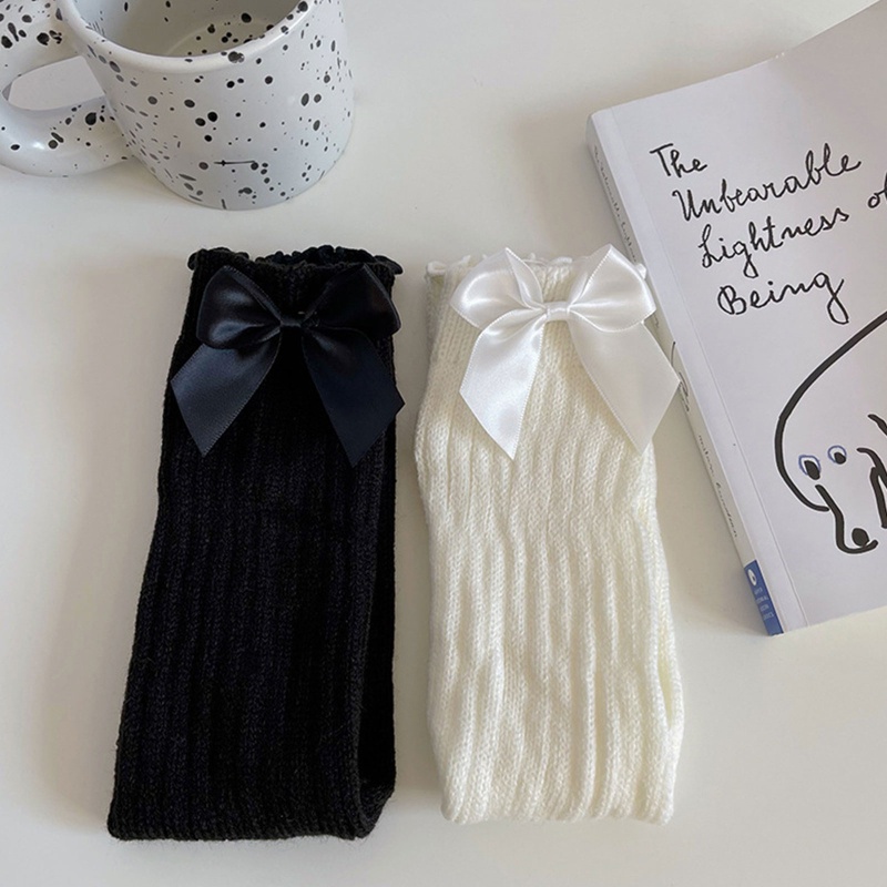 Tất ống chân dệt kim giữ ấm đính nơ phong cách lolita Nhật Bản cho nữ