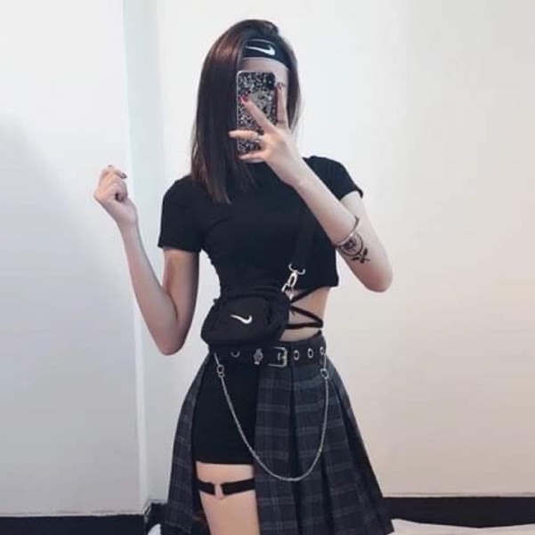 ÁO KIỂU CỘT EO TAY NGẮN ĐEN SEXY CÁ TÍNH COOL GIRL