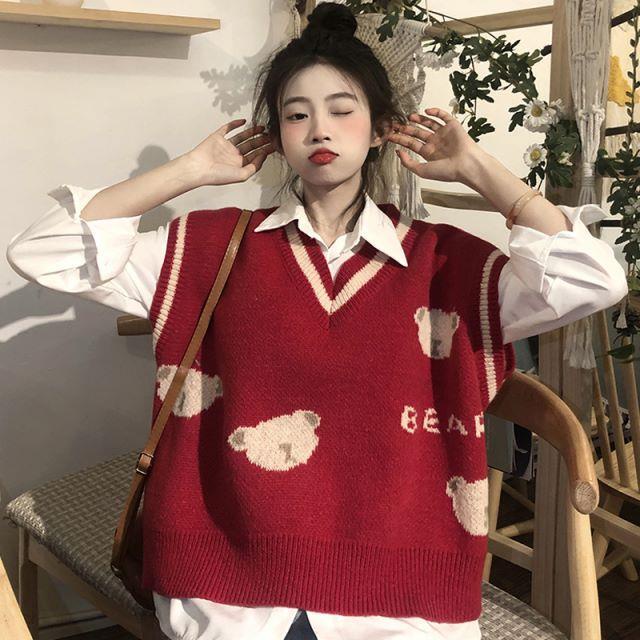 Set Áo Sơ Mi / Áo Khoác Len Không Tay Dáng Rộng Phong Cách Retro 2022