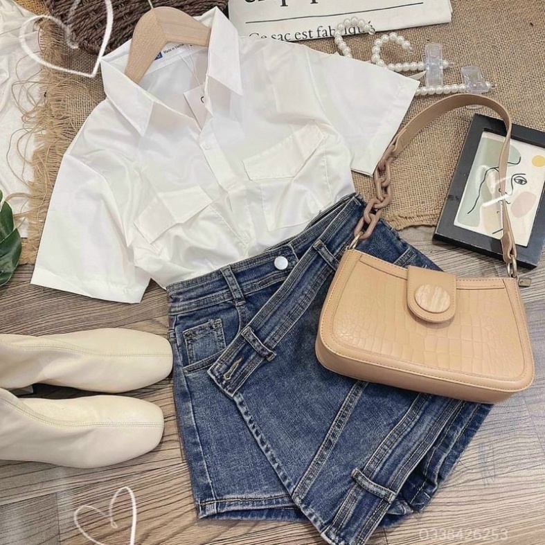 Áo sơ mi cộc tay 2 túi hot girl - áo sơ mi công sở học sinh 2022 ulzzang babydoll bánh bèo nội y xanh