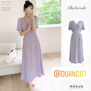 (ORDER - sẵn L XL) Váy hoa nhí màu tím pastel nhẹ nhàng MORAN cổ V nhún ngực dáng dài thắt eo vintage Hàn Quốc